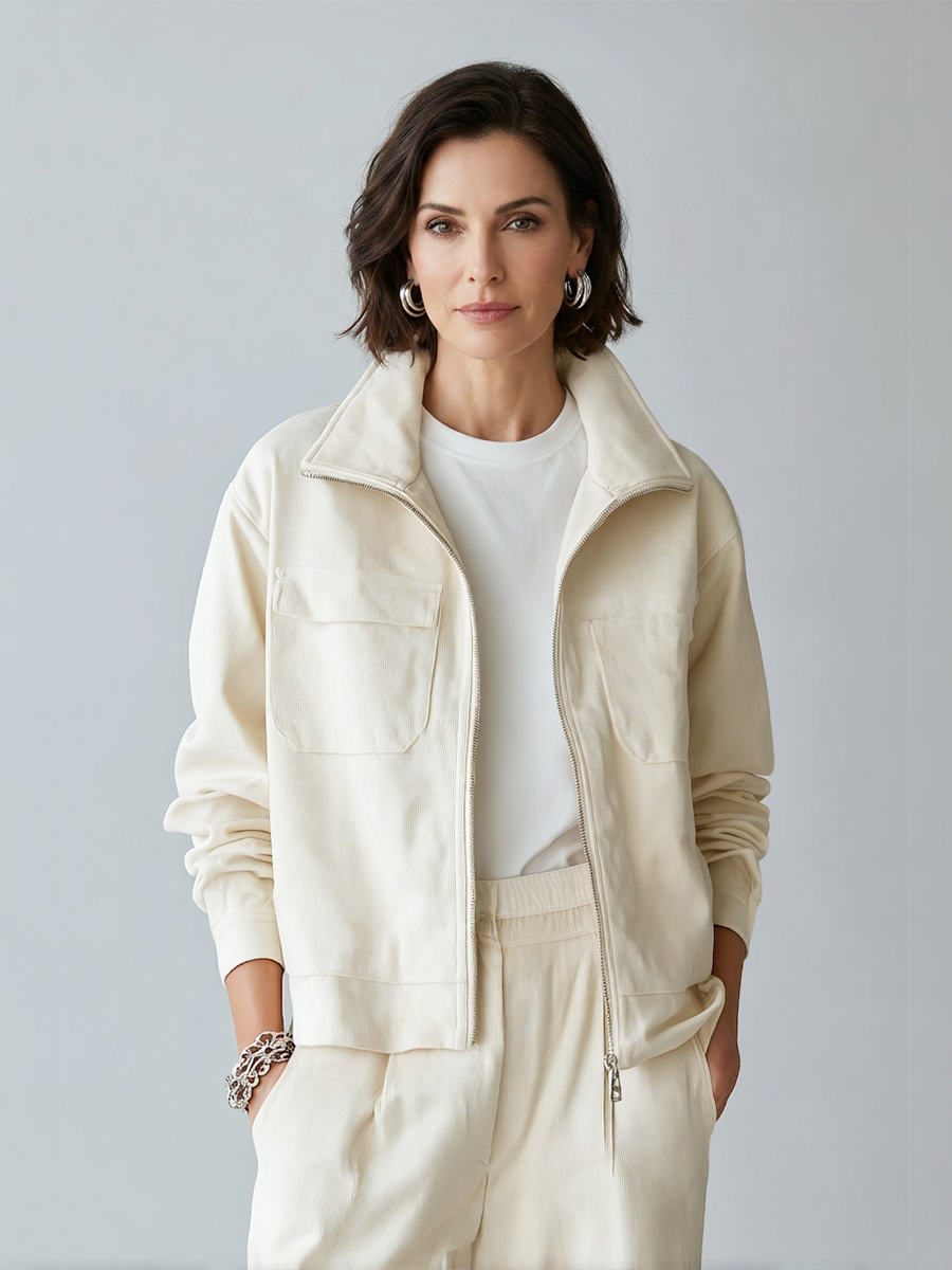 Women's Cream Corduroy Zip Up Jacket With Stand Collar & Dual Patch Chest Pockets, Minimalist Loose Casual Long Sleeve Outerwear MDZ1402G5LYL