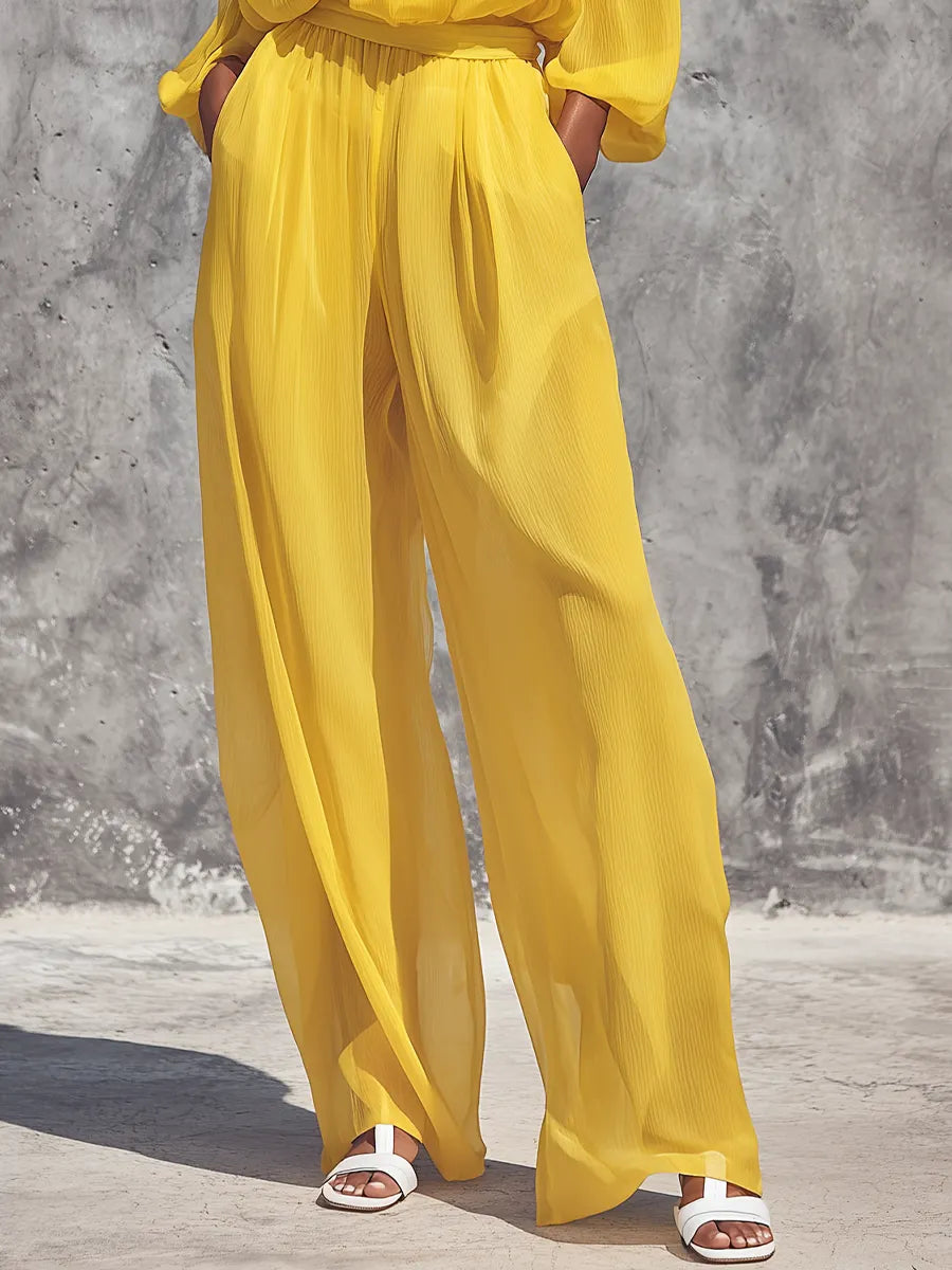 Women’s Bright Yellow Crinkled Chiffon Off Shoulder Bubble Three Quarter Sleeve Self Tie Waist Wide Leg Pants Two Piece Vacation Set MDZ0683G6YZJ