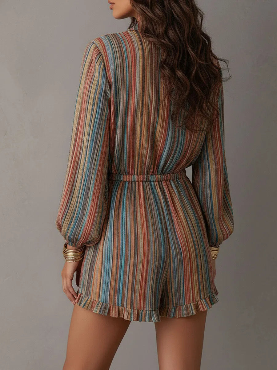 Boho Rainbow Stripe Cotton Linen Blend Drawstring Waist Romper