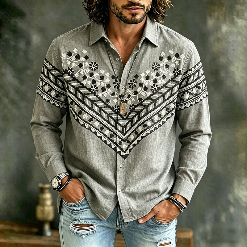 Men's Vintage Floral Embroidered Art Print Flowy Linen Blend Casual Shirt