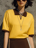 Women's Retro Casual Yellow Brown Cotton Blend Contrast Collar Short Sleeve Top MDZ2001G3GMJ