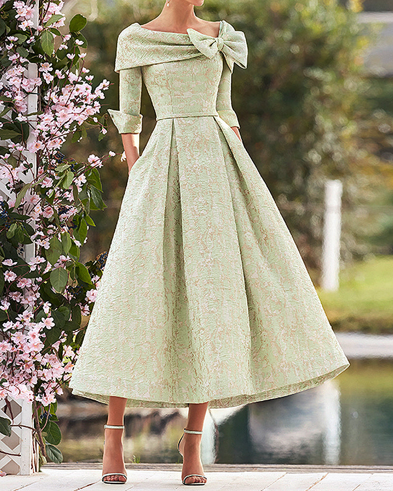 Women's Teal Jacquard Bow Brocade Midi Dress