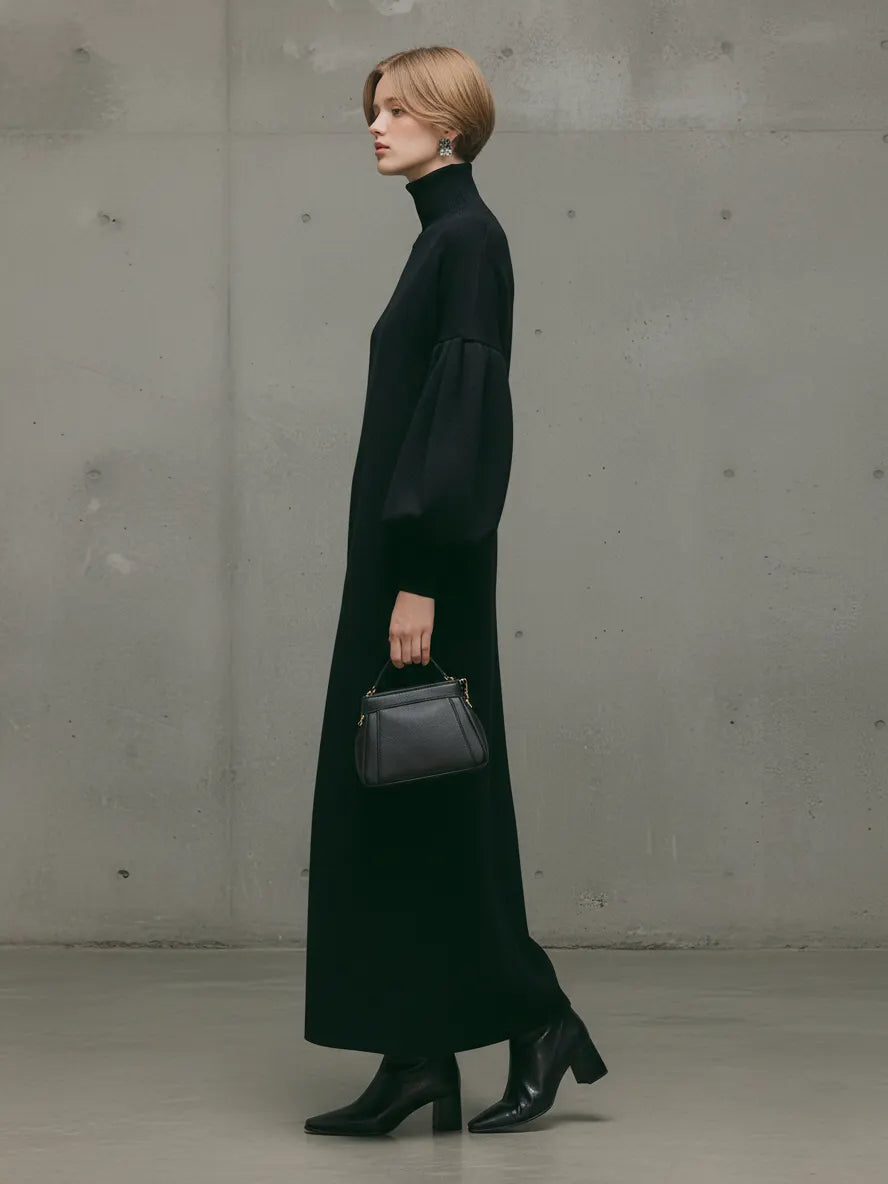 Women's Modern Black Turtleneck Puff-Sleeve Sweatshirt Maxi Dress MDA1503L6AU