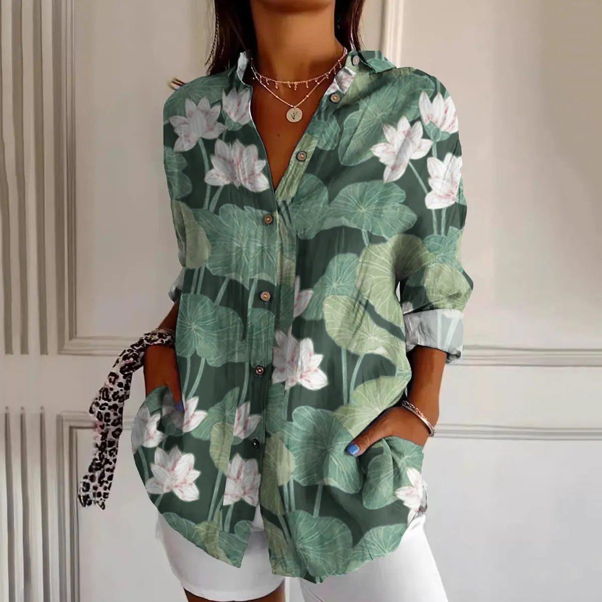 Casual Water Lily Art Pattern Women'S Shirt