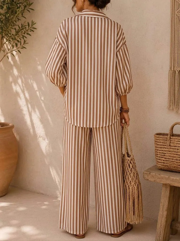 Women's Striped Print Cotton-linen Set: Loose-fit Top With Lapel & 3/4 Sleeves, And High-waisted Wide-leg Pants