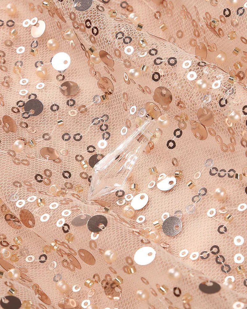 Sequin Draped Bardot Dress Rose Gold