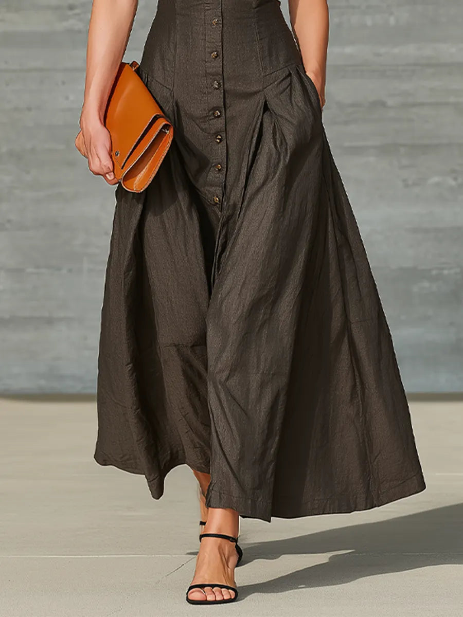 Women's Dark Brown Linen Blend Maxi Shirt Dress With Turn-Down Collar & Side Pockets, Elegant Waist-Cinched A-Line Long Dress MDZ1698G0LYL