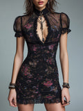 Retro Mesh Printed Slim-Fit Mini Dress With Ruffled Trim