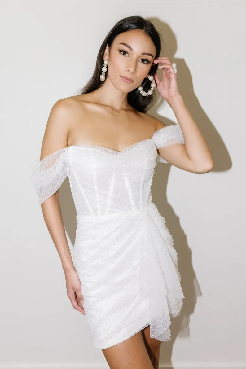 Elegant beaded off-the-shoulder short wedding dress. Sexy stylized pleated mini corset dress. Custom wedding dress, made to measure.