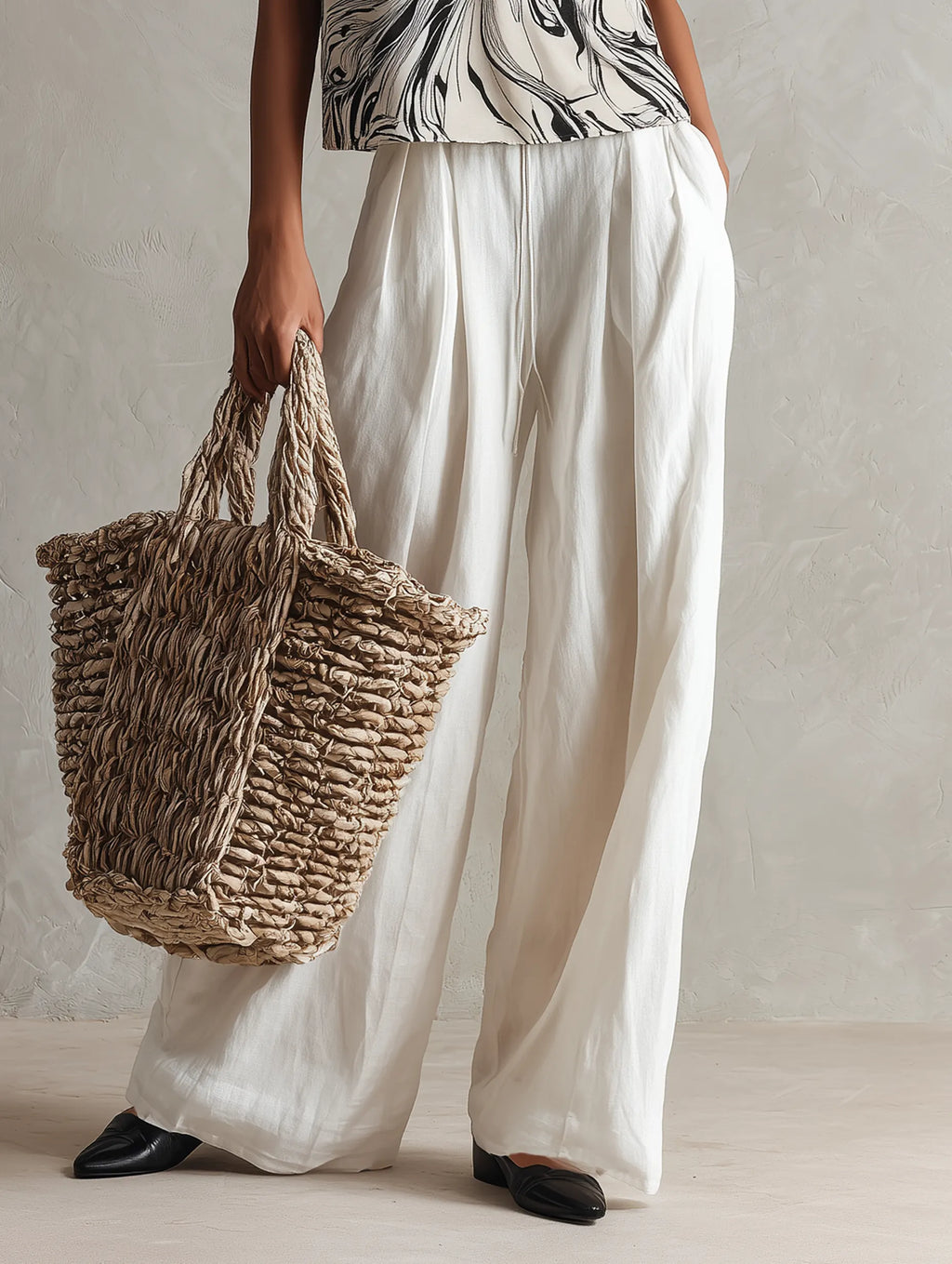 Women's Minimalist Marble-Print Sleeveless Tank Top And Linen-Blend Wide-Leg Pants Set MDZ3064F8WY
