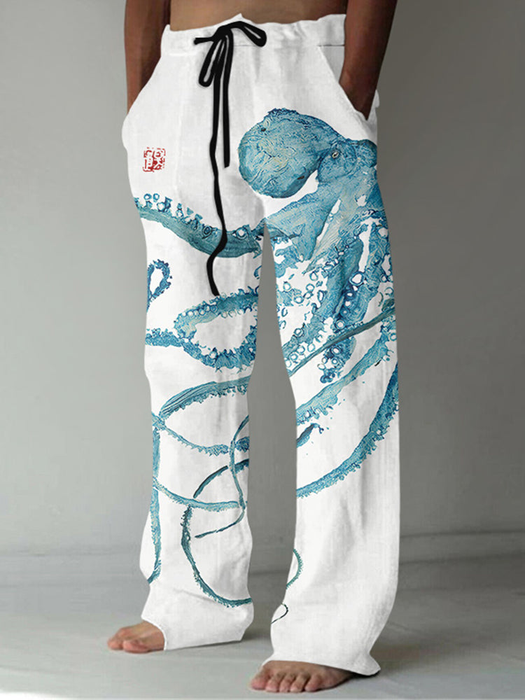 Japanese Art Octopus Print Casual Pants