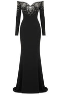 Long Sleeve Bardot Crystal Detail Maxi Dress Black