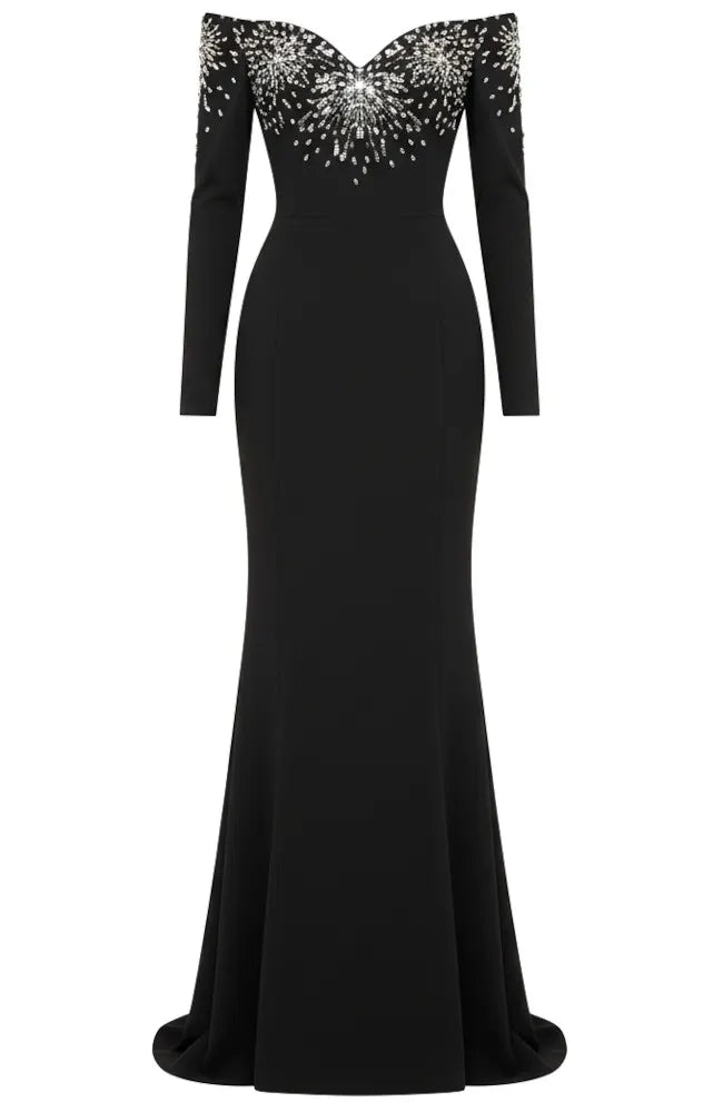 Long Sleeve Bardot Crystal Detail Maxi Dress Black