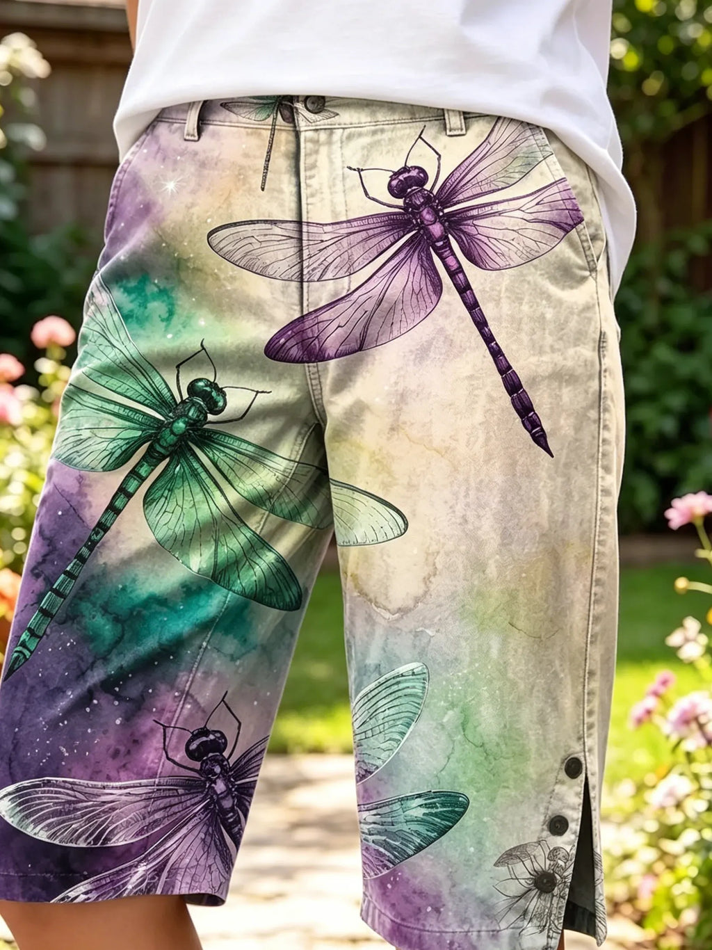 Ethnicity Gradation Dragonfly Women's Art Print Casual Cotton Denim Pants