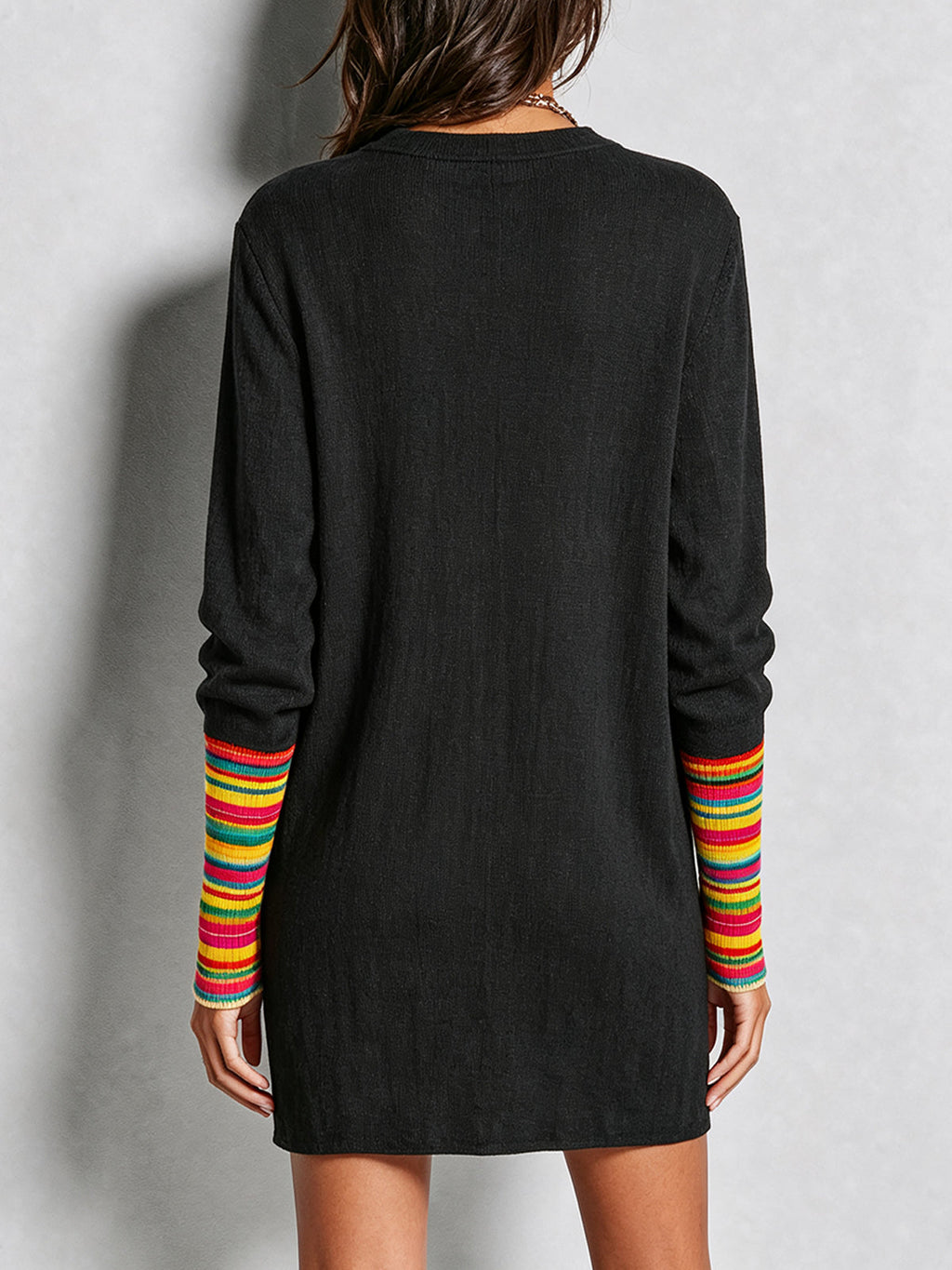 Black Rainbow Button Shift Mini Dress With Contrast Knit Cuffs