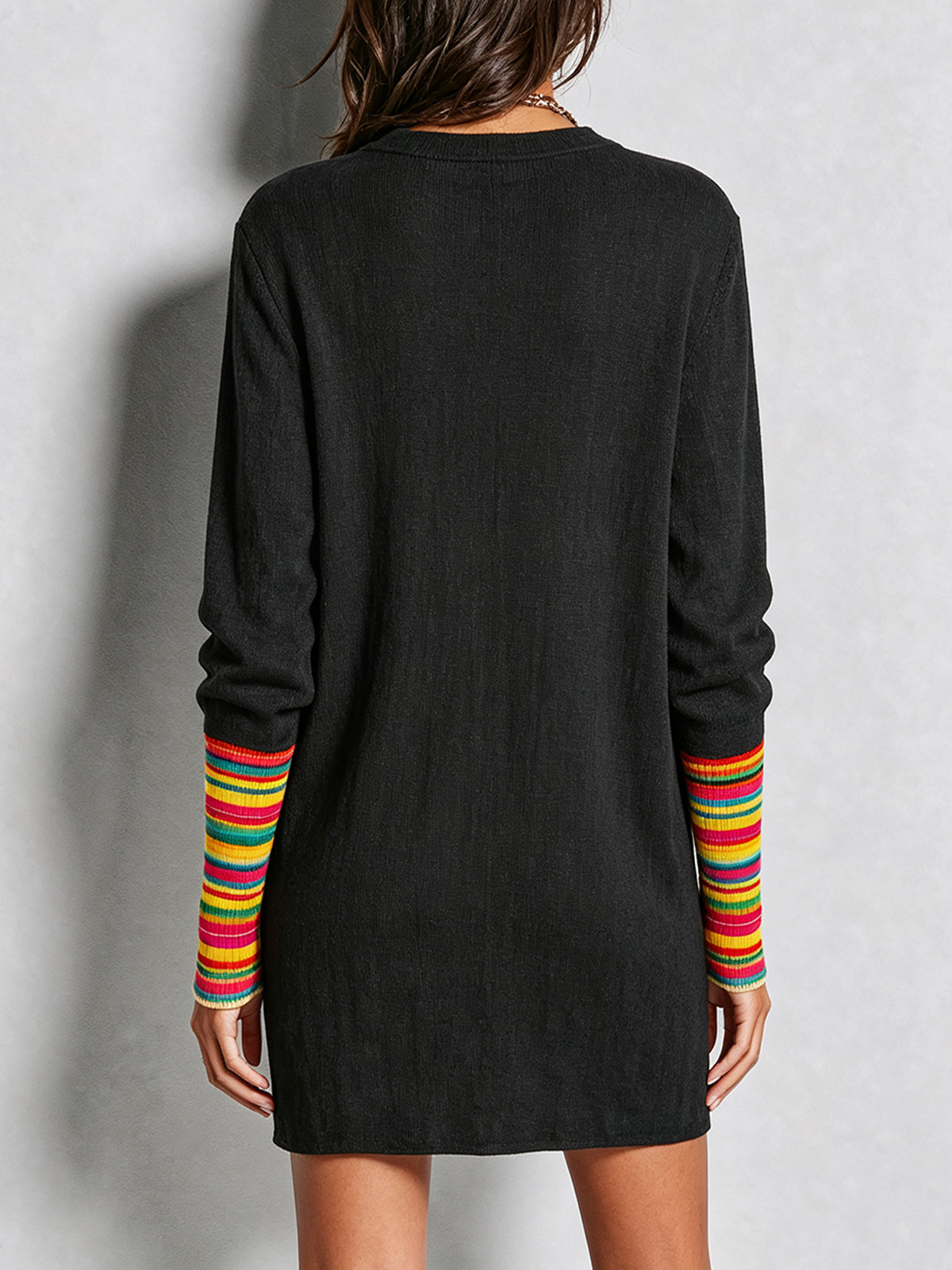 Black Rainbow Button Shift Mini Dress With Contrast Knit Cuffs