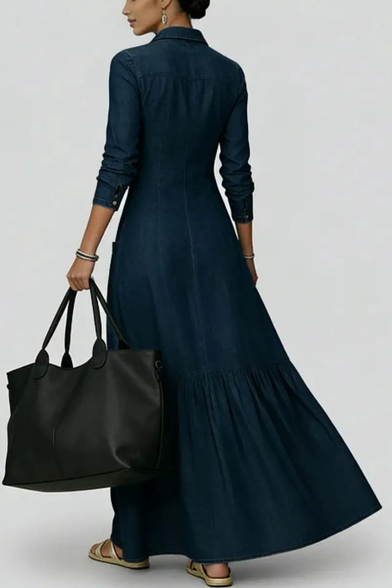 Women's Casual Shirt Collar Long Sleeve Pocket Single Breasted Denim Maxi Dress
