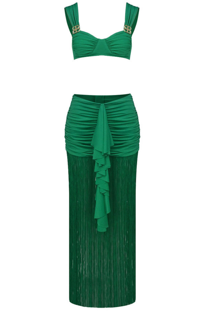 Draped Ruffle Tassel Two Piece Maxi Dress Green