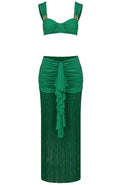 Draped Ruffle Tassel Two Piece Maxi Dress Green