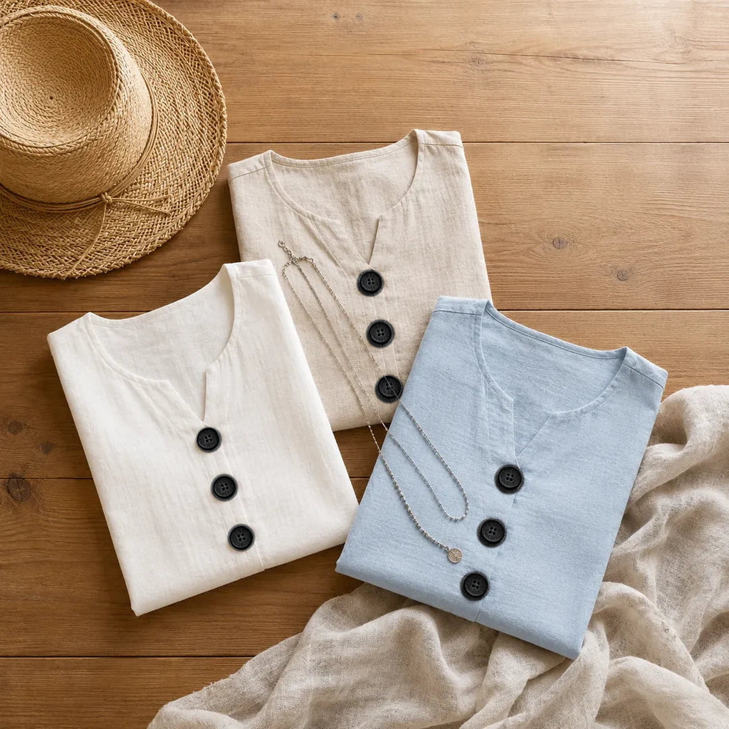 Lunelle – Sleeveless Linen Look V-Neck Tank with Buttons