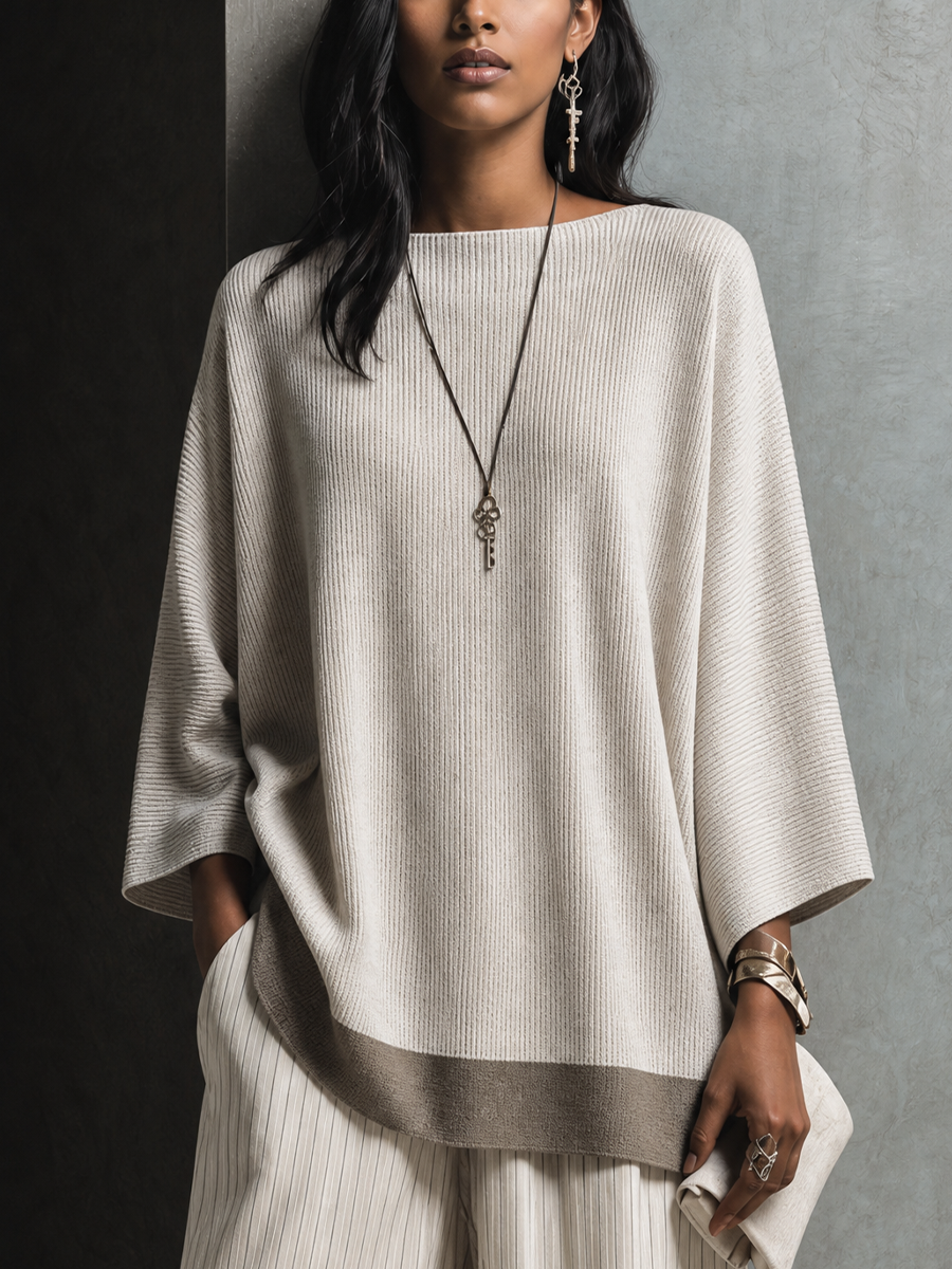 Women's Minimalist Ivory Knit Ribbed Batwing Sleeve Loose Top MDZ2400G3GMJ