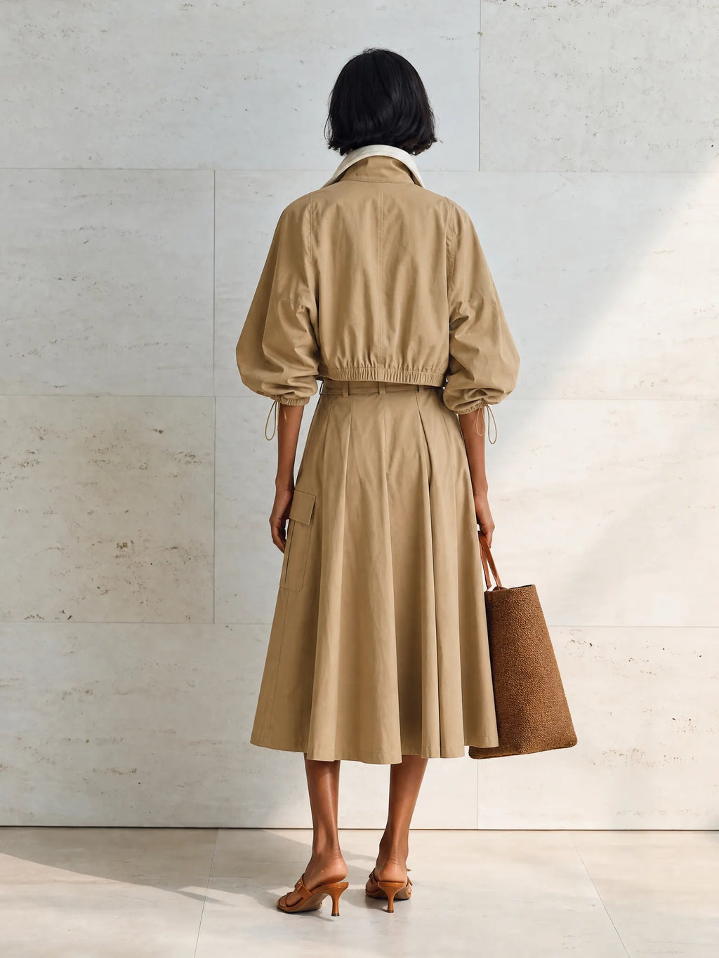 Women's Modern Khaki Cotton Blend Utility Cropped Jacket And Belted A-Line Midi Skirt Two-Piece Set MDZ1706G0ZSQ