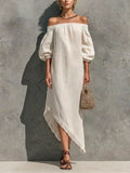 Women’s Off White Cotton-linen Blend Off The Shoulder Elastic Neck Puff Cuffed Sleeve Asymmetrical Fringe Hem Maxi Dress MDZ0777G7YZJ