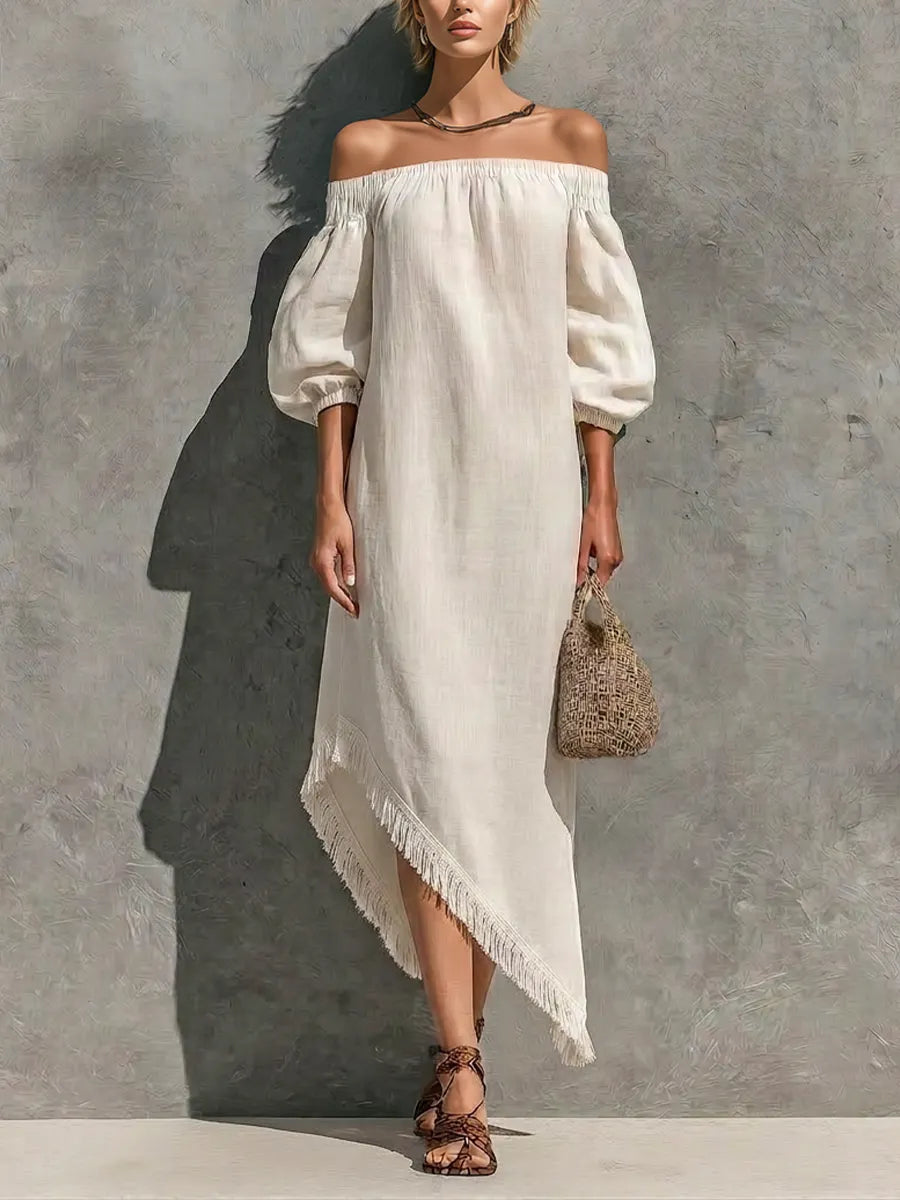 Women’s Off White Cotton-linen Blend Off The Shoulder Elastic Neck Puff Cuffed Sleeve Asymmetrical Fringe Hem Maxi Dress MDZ0777G7YZJ