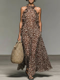 Women's Minimalist Deer Print Sleeveless Maxi Dress With Ruffled Collar MDZ2662B6Y