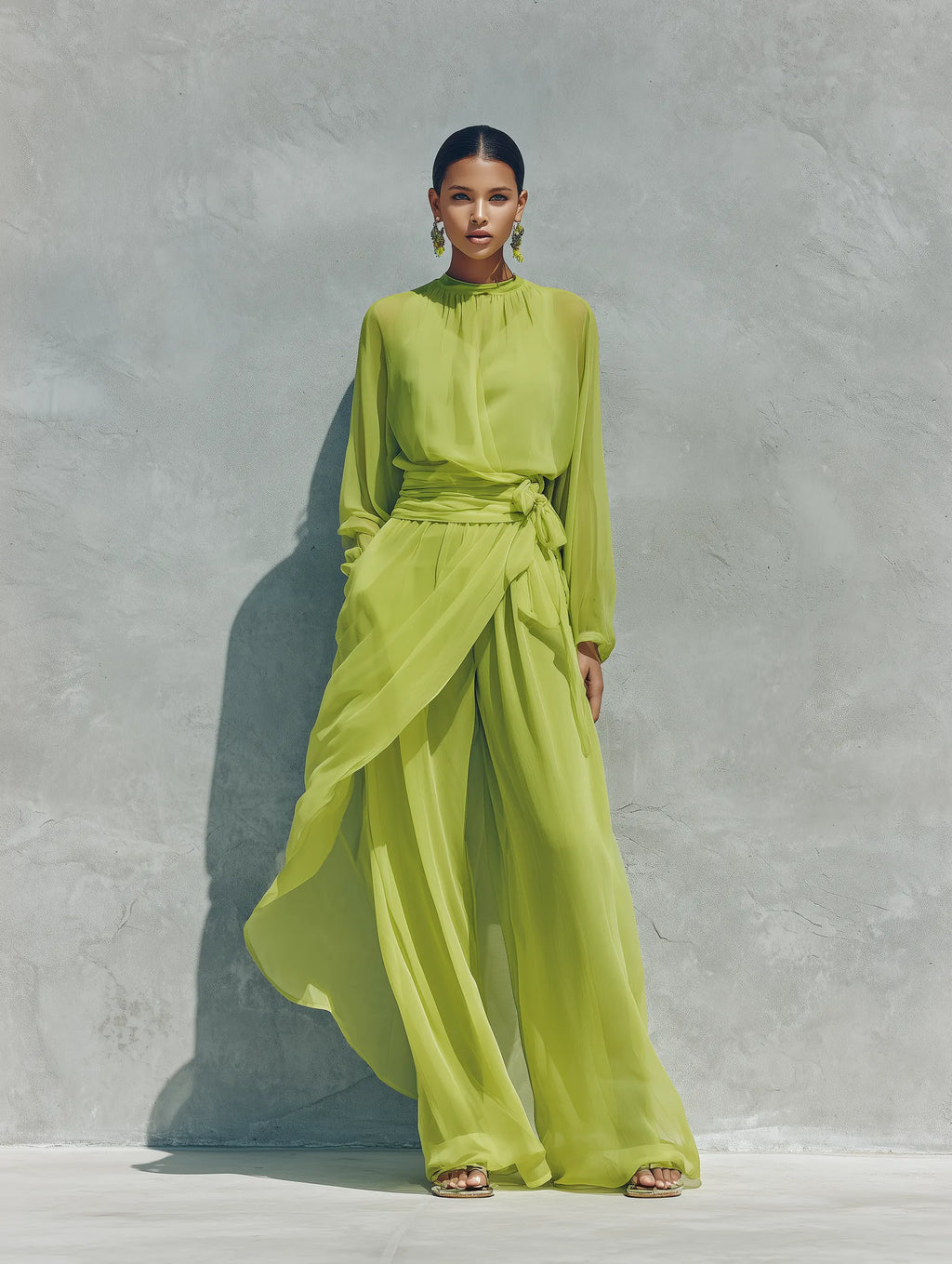 Women’s Lime Green Sheer Chiffon High Neck Balloon Long Sleeve Wrap Tie Waist Overlay Skirt Wide Leg Pants Two Piece Vacation Set MDZ0273G7T