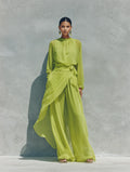 Women’s Lime Green Sheer Chiffon High Neck Balloon Long Sleeve Wrap Tie Waist Overlay Skirt Wide Leg Pants Two Piece Vacation Set MDZ0273G7T