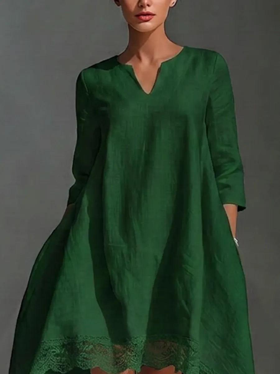 Women's Forest Green Cotton-linen Blend Lace Trim High Low Hem V Neck Three Quarter Sleeve Loose Dress MDZ0784G0YZJ