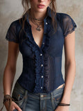 Retro Ruffled Trim Lace Slim-Fit Short-Sleeve Blouse