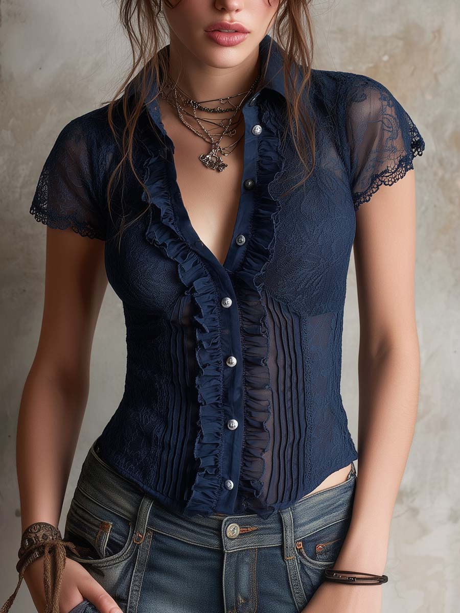 Retro Ruffled Trim Lace Slim-Fit Short-Sleeve Blouse