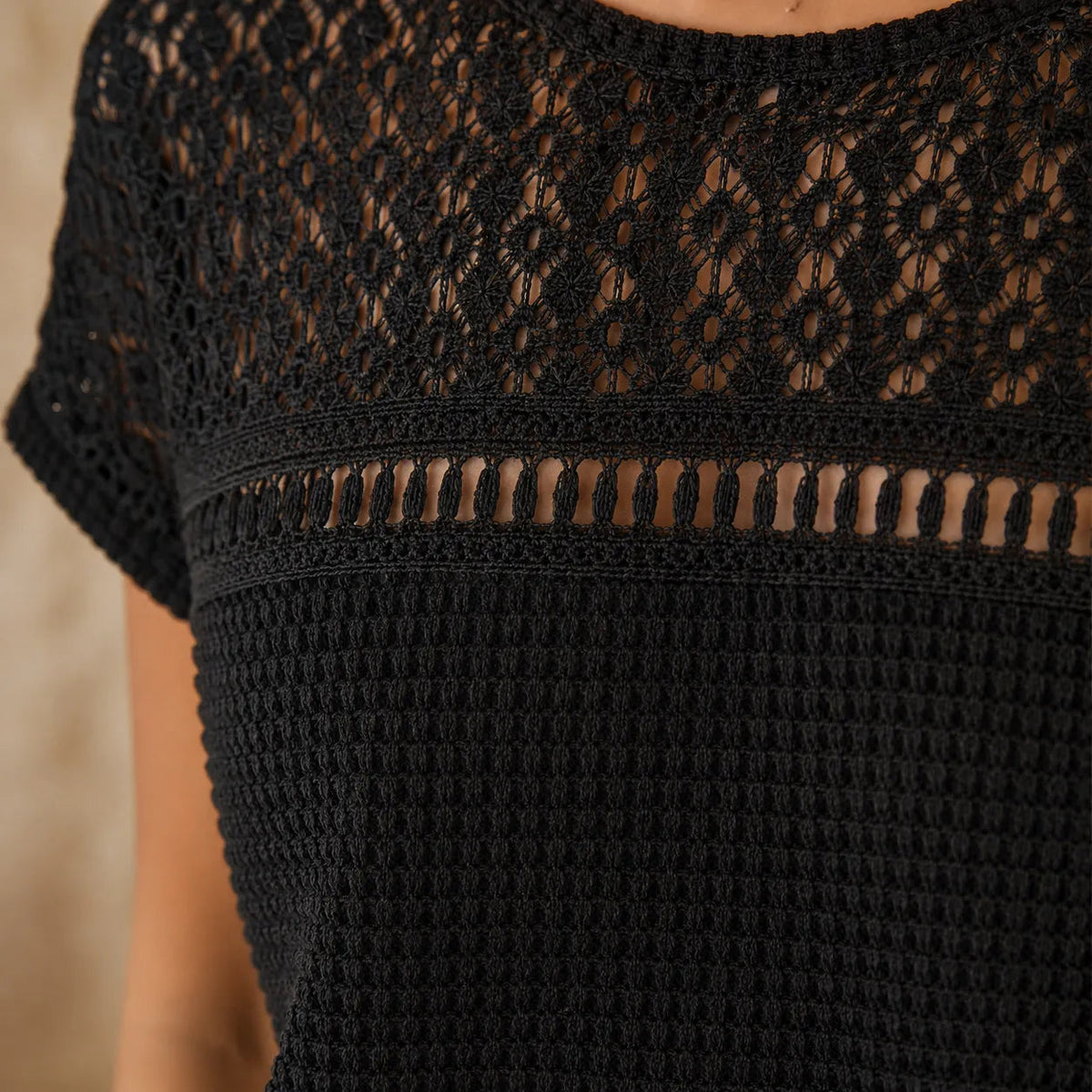 Wearbella – Open Knit Short Sleeve Top, Waffle Texture Spring Summer Blouse for Women