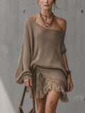 Khaki Drawstring Knit Lace Mini Dress