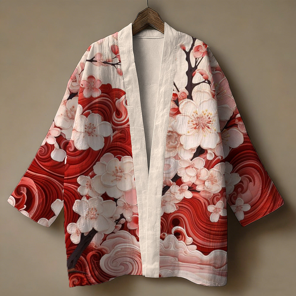 Vintage Cherry Blossom Art Pattern Linen Kimono