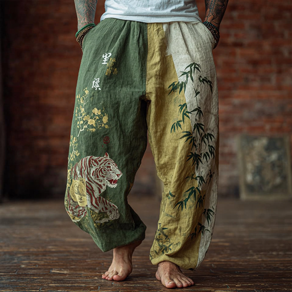 Men's Bamboo Forest Tiger Print Art Linen-blend Casual Pants