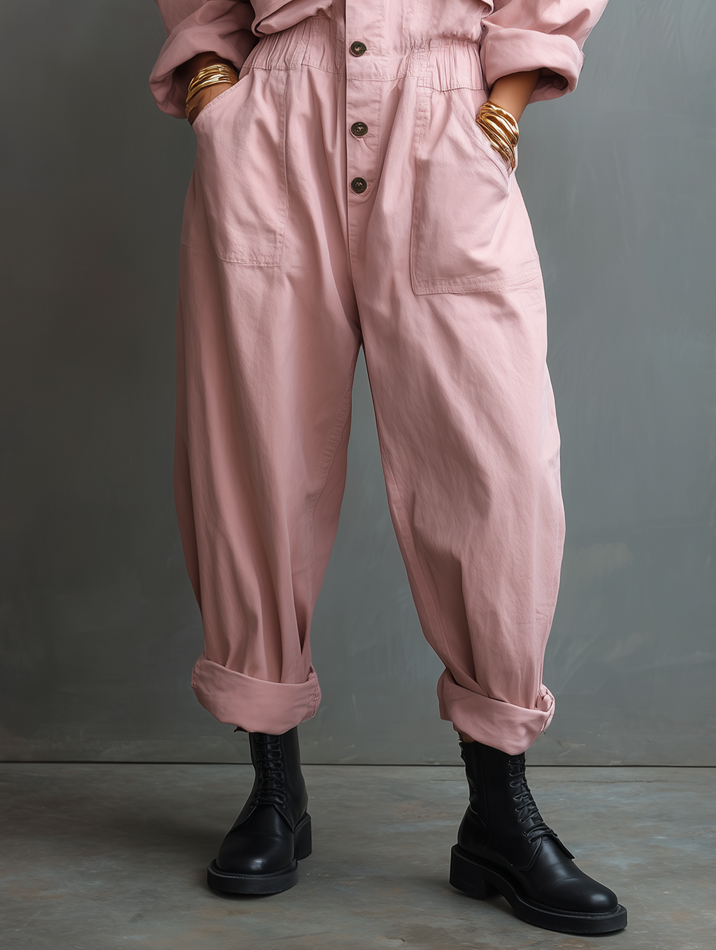 Women's Casual Cotton Twill Single-Breasted Long-Sleeve Jumpsuit MDZ0900G2WY