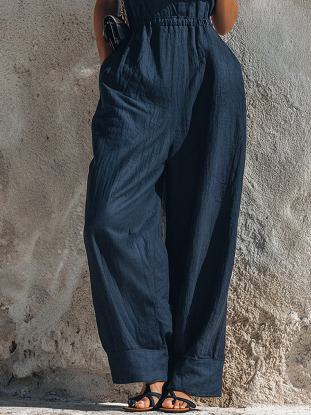 Women's Casual Navy Blue Cotton-Linen Faux-Layer Collar Cinched Waist Wide-Leg Long Jumpsuit MDZ2668F9GMJ