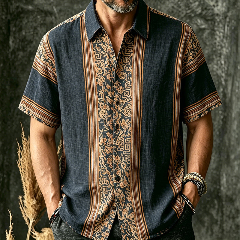 Men's Retro Floral Striped Pattern Cotton Linen Casual Shirt