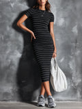 Women's Casual Black Stretch-knit Short-sleeve Maxi Dress MDZ0706G9LXY
