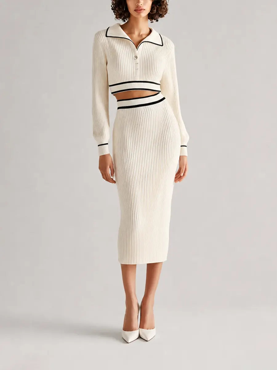 Women's Elegant Off-white Ribbed-Knit Lapel Long-Sleeve Contrast-Trim Cropped Top & High-Waisted Bodycon Midi Skirt Set MDZ2452G5CMX