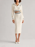 Women's Elegant Off-white Ribbed-Knit Lapel Long-Sleeve Contrast-Trim Cropped Top & High-Waisted Bodycon Midi Skirt Set MDZ2452G5CMX
