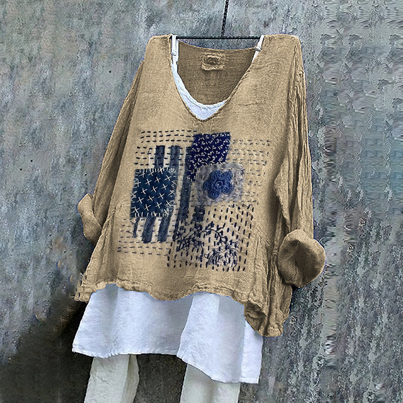 Women's Geometric Embroidered Textile Art Linen Blend Tunic