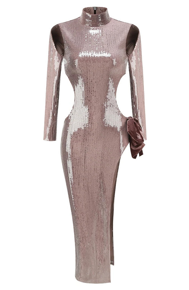 Long Sleeve Bow Detail Sequin Maxi Dress Brown