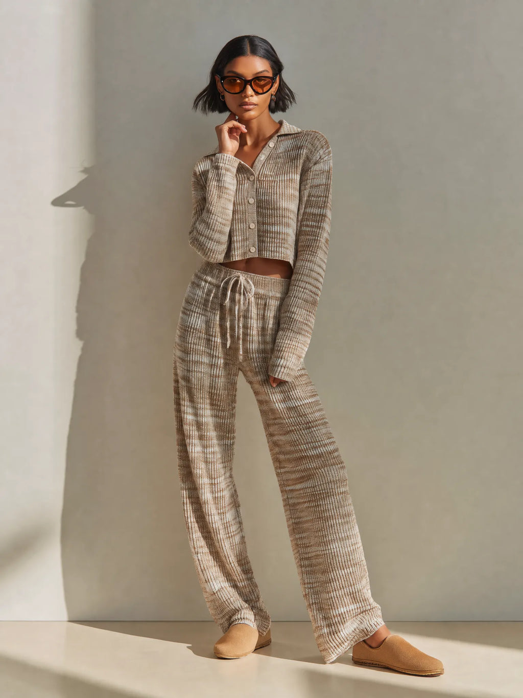 Women's Casual Brown Space-Dyed Ribbed Knit Collared Button-Front Cropped Cardigan And Drawstring Wide-Leg Pants Two-Piece SetMDZ2169G1ZSQ