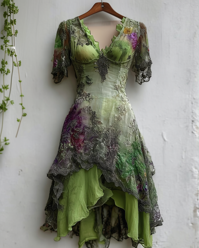 Elegant Green and Purple Lace Dress 92a4