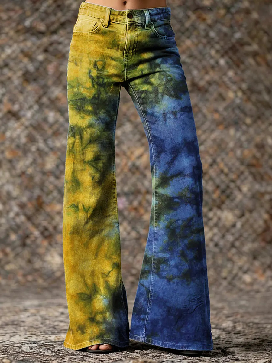 Women's Retro Hippie Tie-dye Art Print Casual Slim-fit Flared Pants
