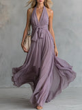 Elegant And Stylish Halter Neck V-neck Sleeveless Chiffon Maxi Dress
